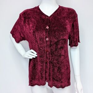90s Y2K Vintage Dark Burgundy Red Chenille V Neck Short Sleeve Cardigan Sweater